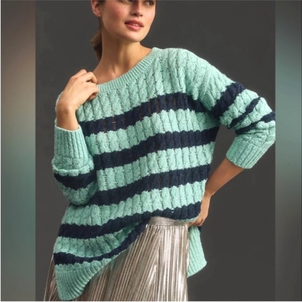 ANTHROPOLOGIE PILCRO Aqua Navy Striped CABLE KNIT Longline Sweater Sz M